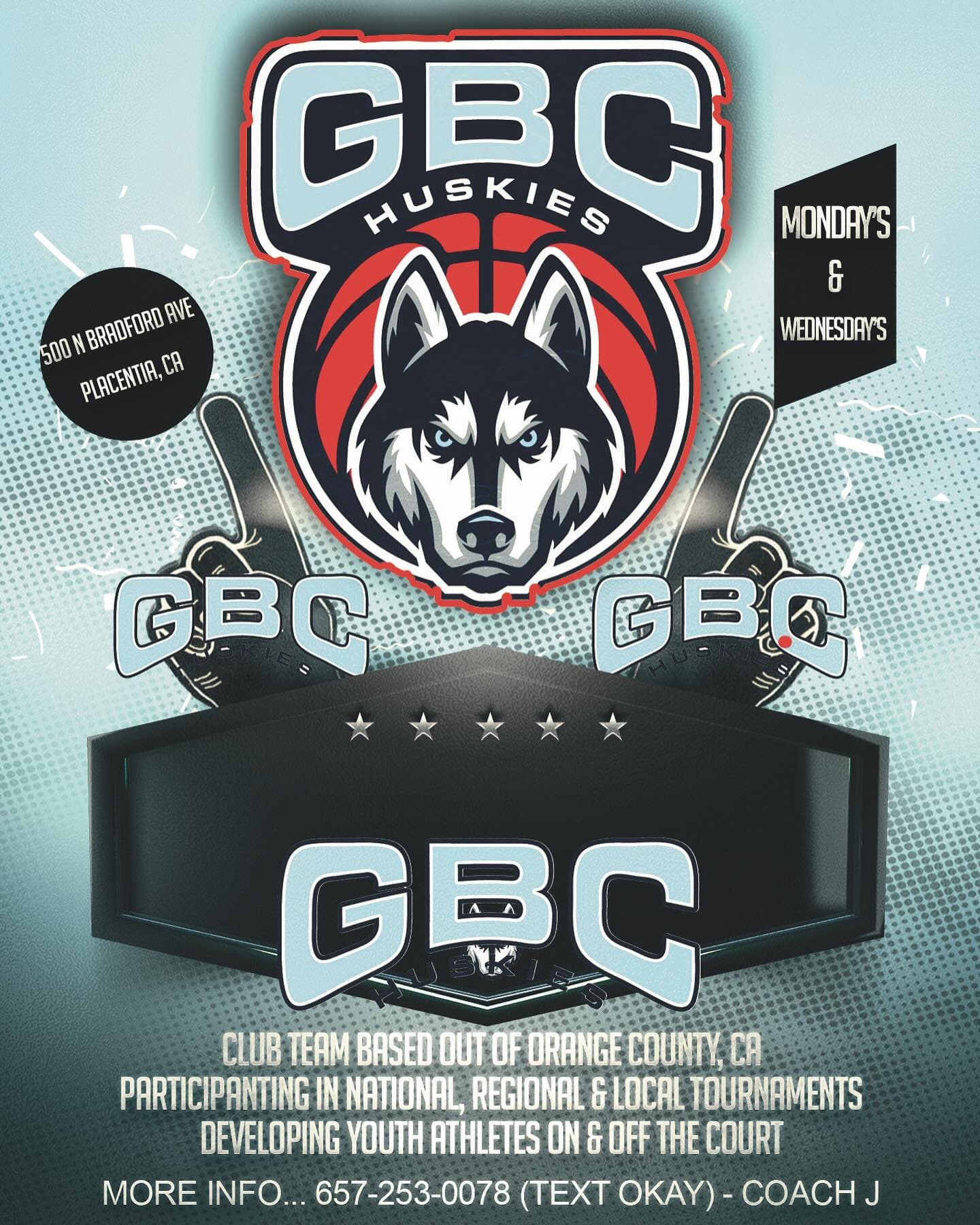 GBC Huskies Instagram program graphic with Coach J contact information and Orange County club team details