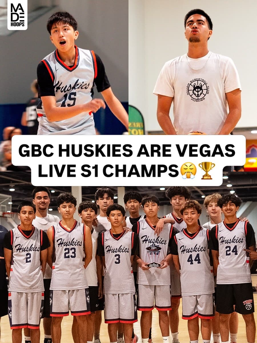 GBC Huskies 15U players and coach celebrating the 2026 MADE Hoops Vegas Live Session 1 Dodgers Division Championship