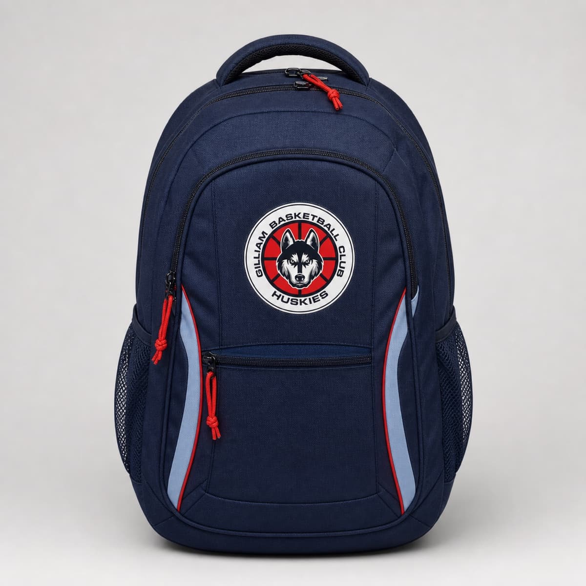 GBC Huskies navy athletic backpack with the circular husky basketball logo on the front pocket