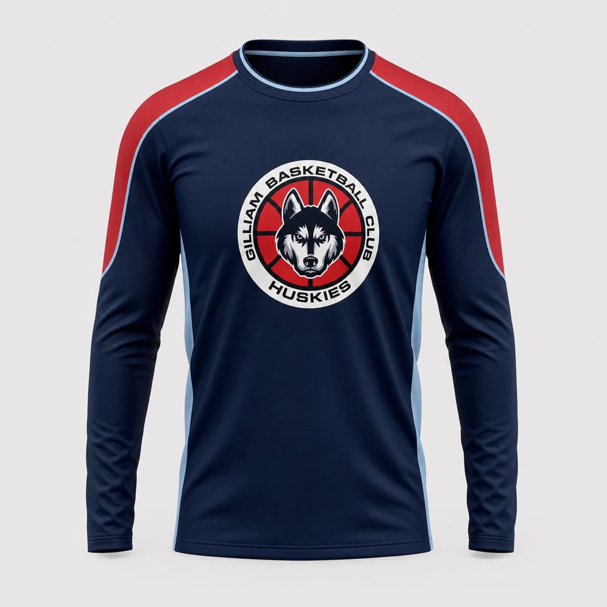 GBC Huskies navy long sleeve shooting shirt with red sleeves and the circular husky basketball logo on the chest