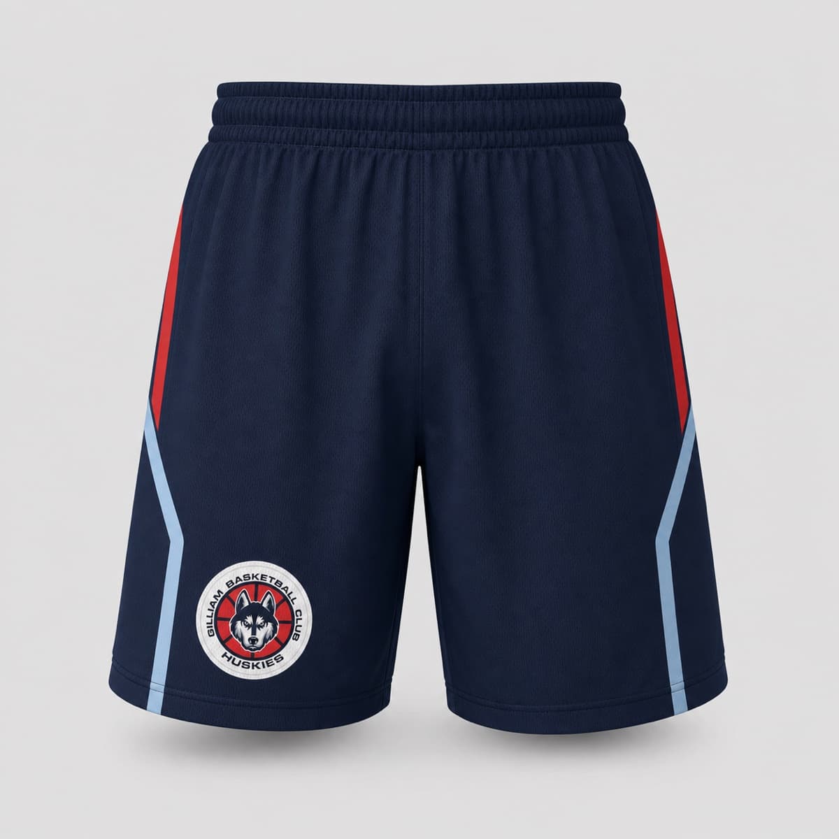 GBC Huskies navy basketball shorts with the circular husky basketball logo on the leg
