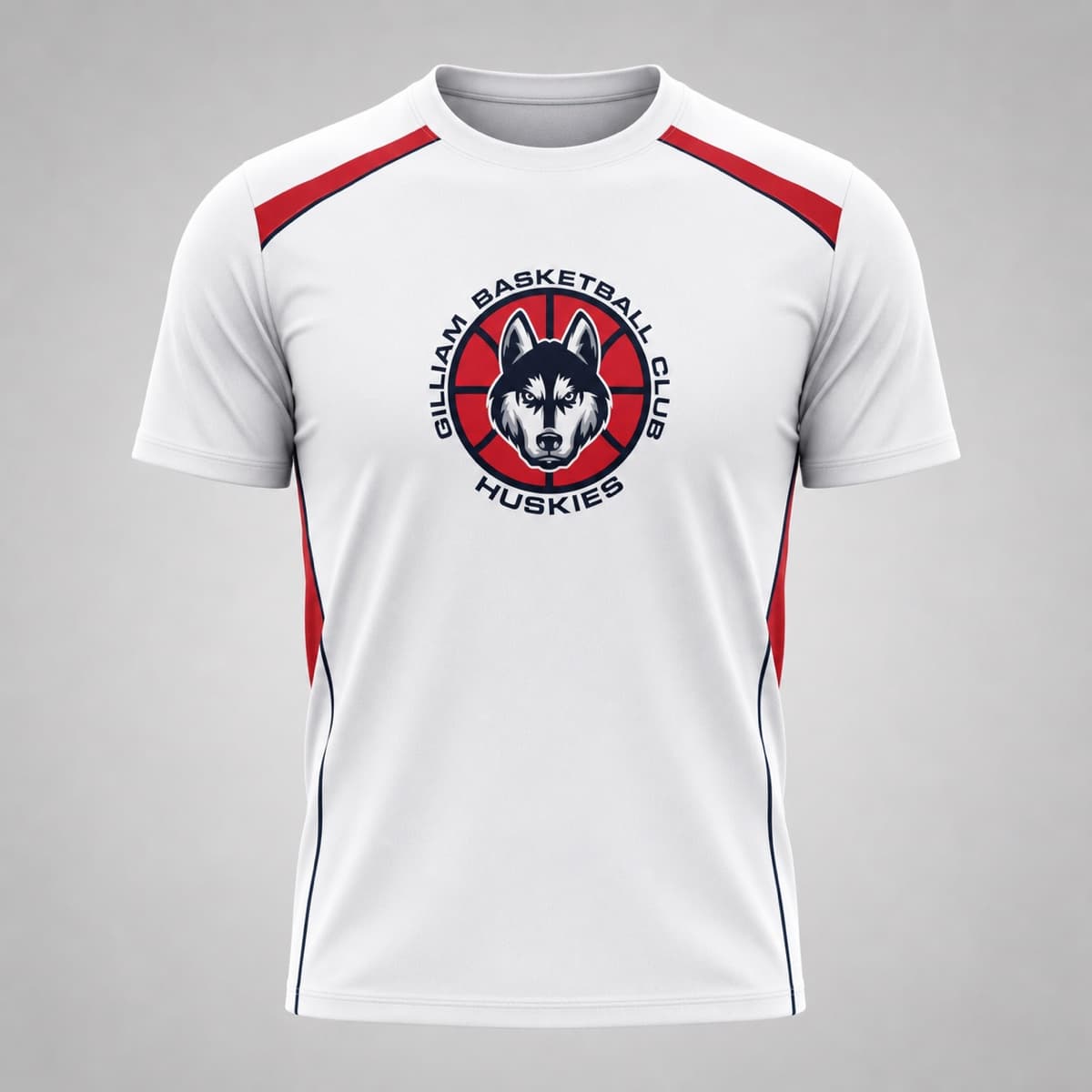 GBC Huskies white team T-shirt with the circular husky basketball logo on the chest